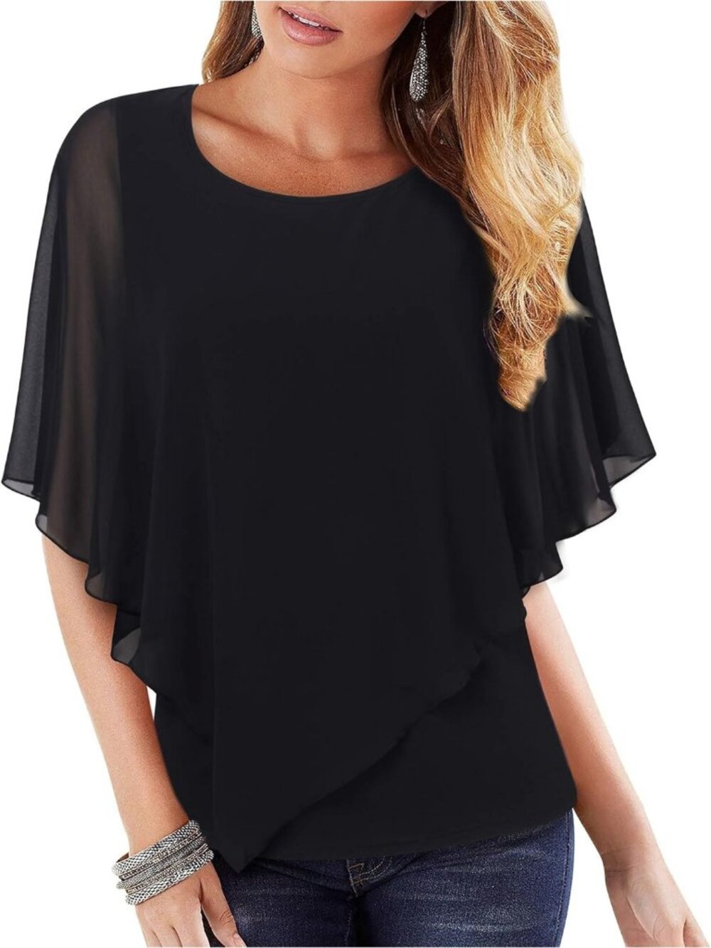 Women's Pure Black Elegant Lightweight Flowy Shirt Double Layered Printed Top